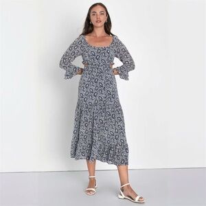 Lulus Blissful Sweetie Navy Blue Paisley Tiered Cutout Midi Dress Size XS